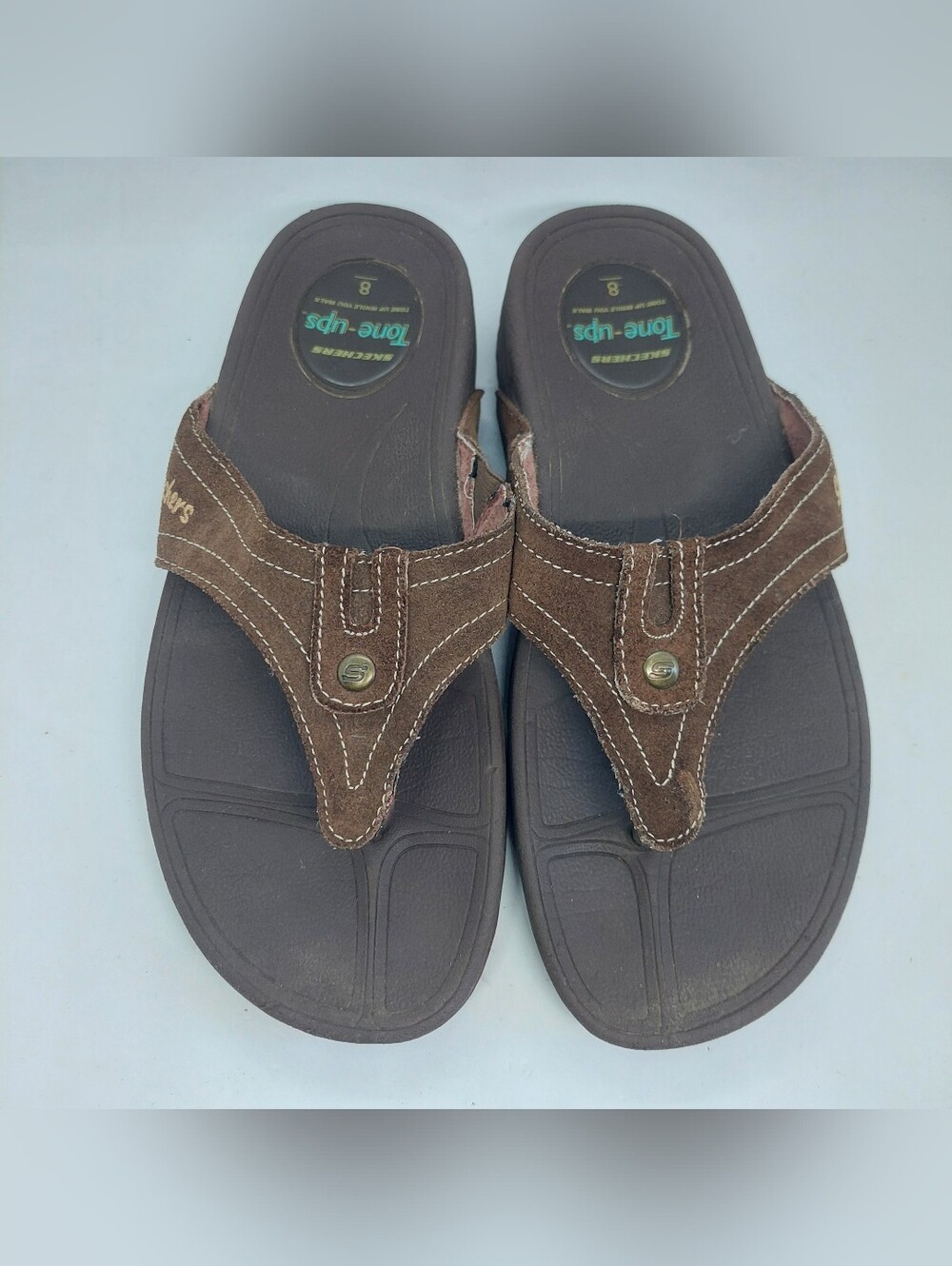 Skechers Tone Ups Brown Suede Leather Thong Sandals Flip Flops Womens Size 8